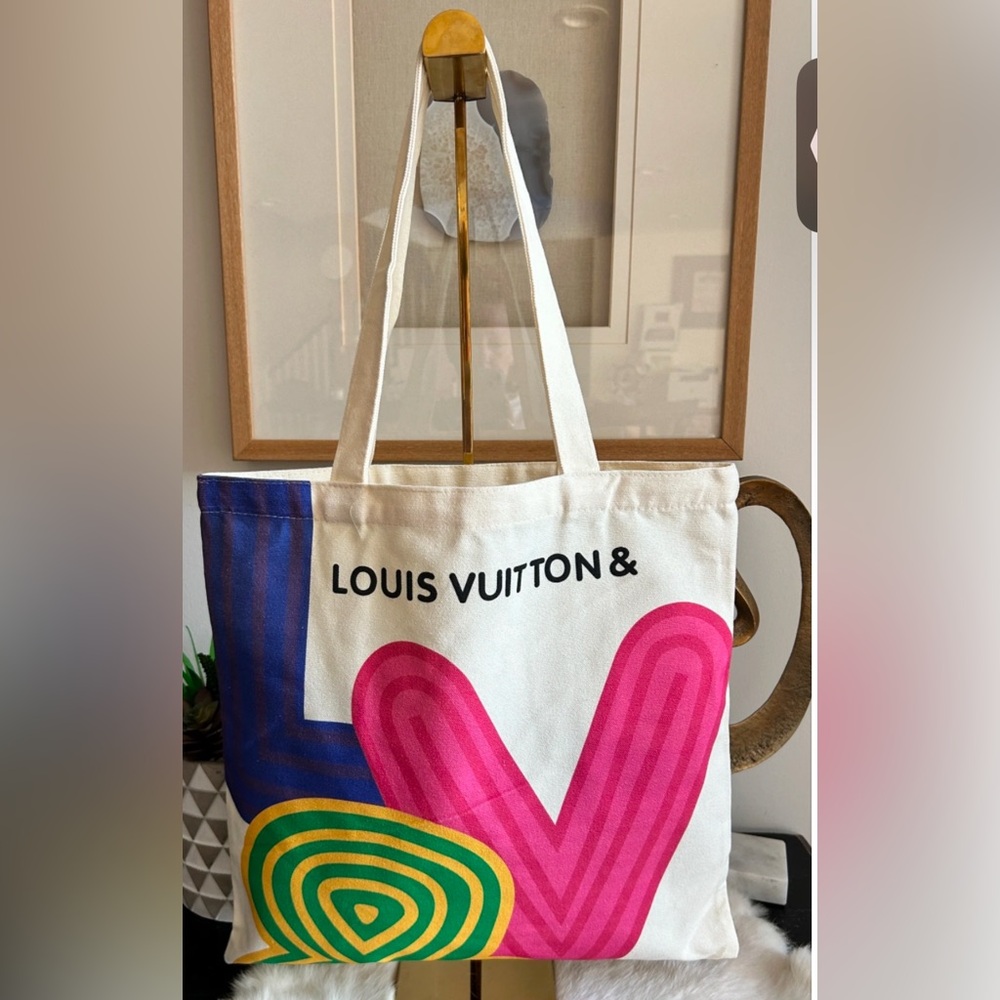 Louis Vuitton White Canvas Tote with Pink, Blue & Green Graphic Accents